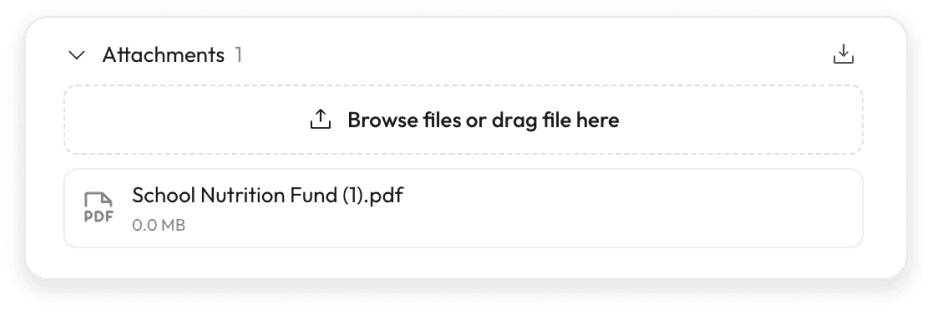 An attachments panel with the source RFP file attached to a task