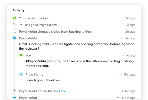 An activity feed showing comments and status changes on a task