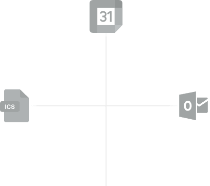 Calendar, .ics file, and Outlook icons connected by crossing lines