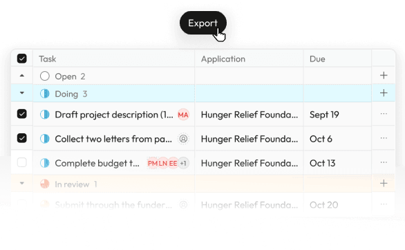A task table with an Export action open above it