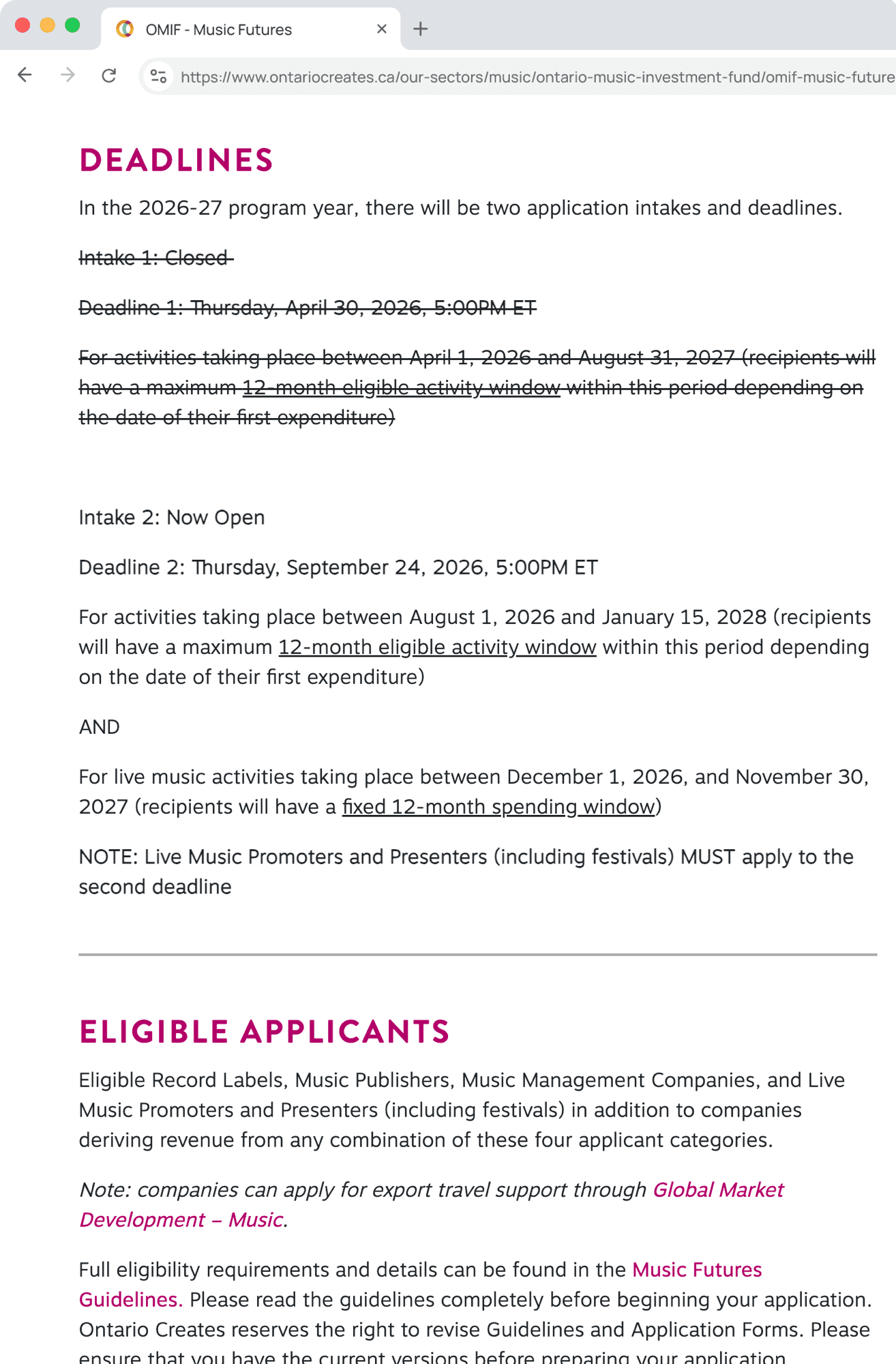 A funder's guidelines webpage listing application deadlines