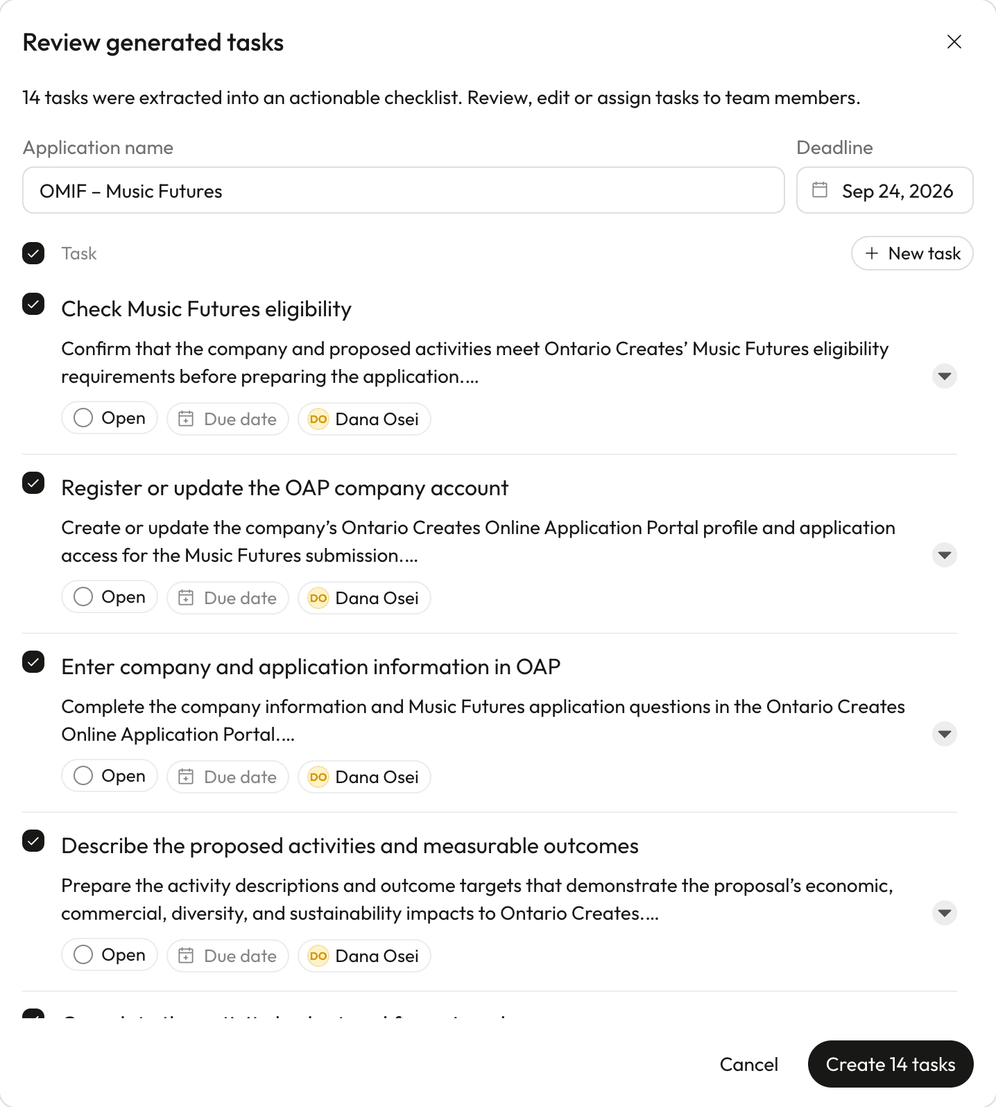 GrantHop's review generated tasks checklist