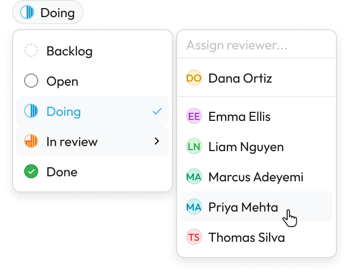 A status picker moving a task to In review, next to a reviewer assignment list